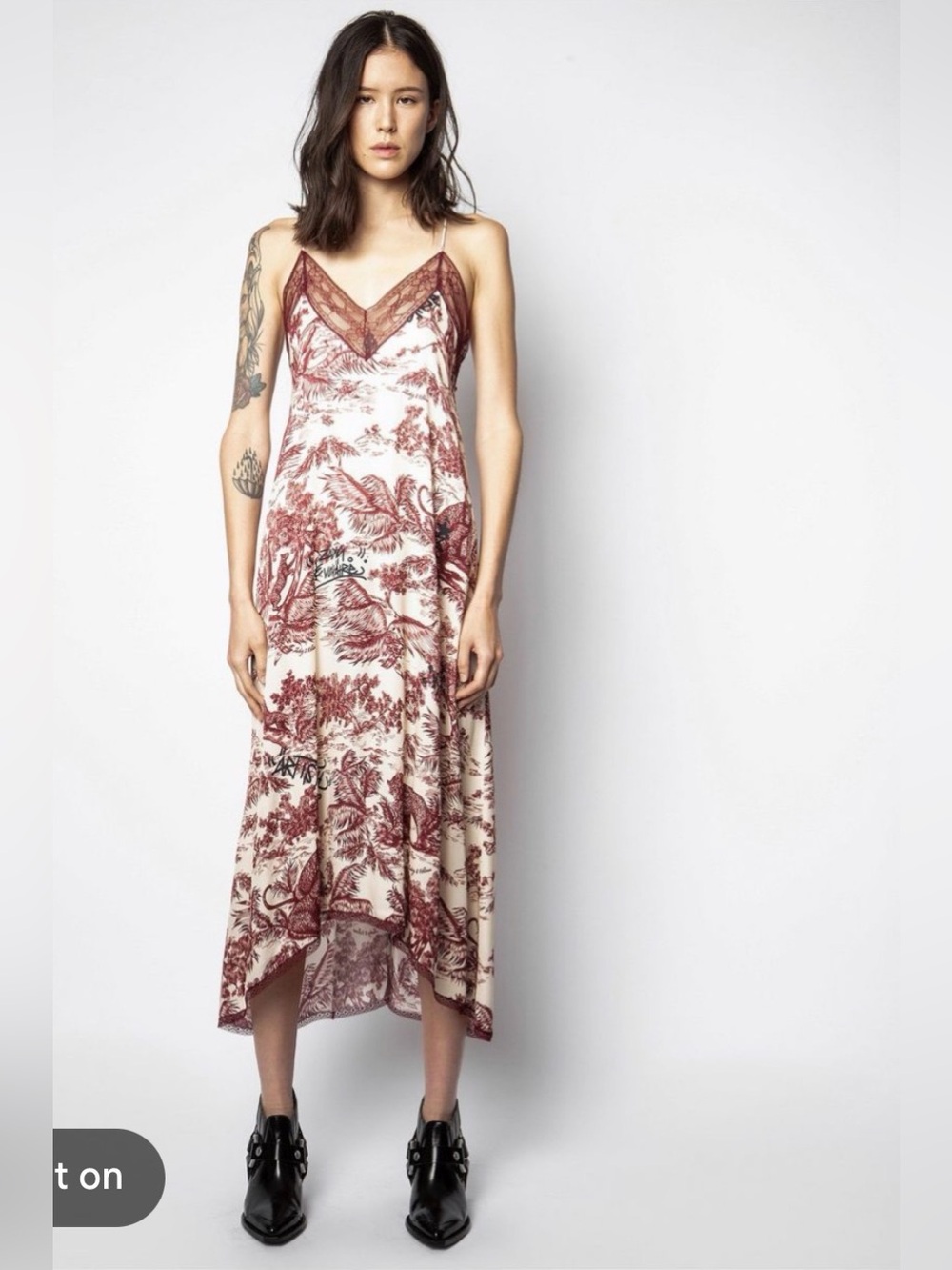 Zadig And Voltaire Risty Jouy Print Satin Dress Cream Maroon Lace Size M